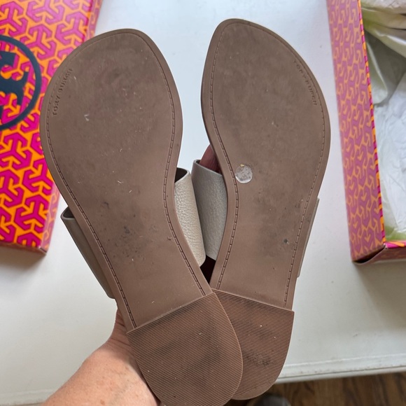 Tory Burch Taupe Sandals with Silver Logo - Picture 2 of 4